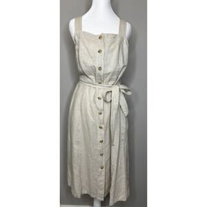Liz Claiborne Linen Blend Button Front Belted Square Neck Midi Sundress Medium